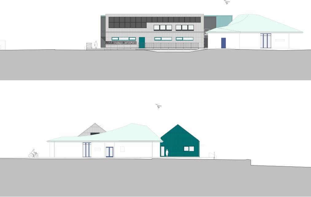 Architectural drawings of the South and East elevations of the new water sports hub